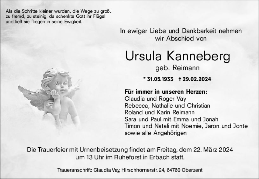  Traueranzeige für Ursula Kanneberg vom 16.03.2024 aus Odenwälder Echo