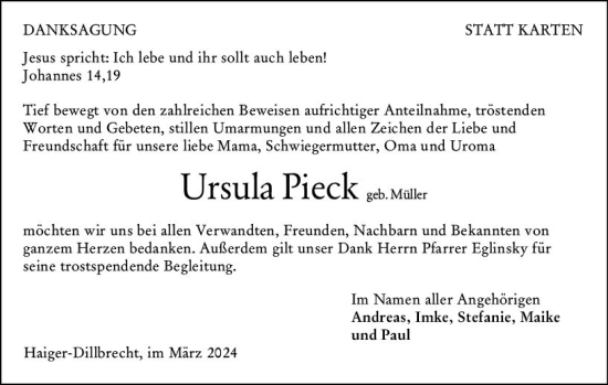 Traueranzeige von Ursula Pieck von Dill Block