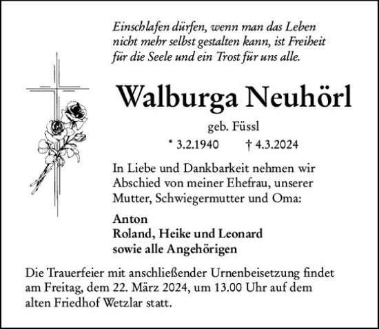 Traueranzeige von Walburga Neuhörl von Wetzlarer Neue Zeitung