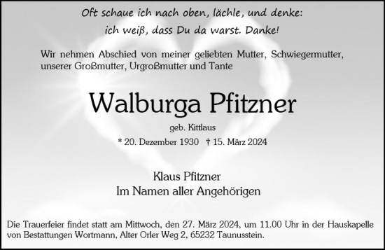 Traueranzeige von Walburga Pfitzner von Wiesbadener Kurier