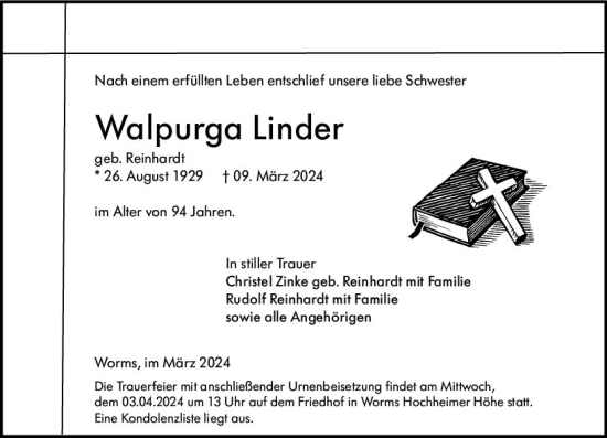 Traueranzeige von Walpurga Linder von Wormser Zeitung