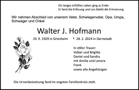 Traueranzeige von Walter Hofmann von Darmstädter Echo