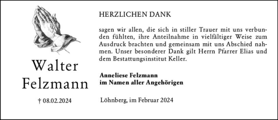 Traueranzeige von Walter Felzmann von Weilburger Tageblatt