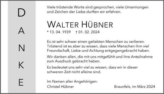 Traueranzeige von Walter Hübner von Wetzlarer Neue Zeitung