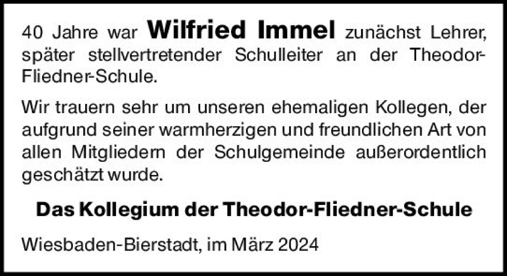  Traueranzeige für Wilfried Immel vom 23.03.2024 aus Wiesbadener Kurier