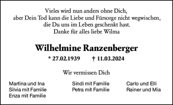 Traueranzeige von Wilhelmine Ranzenberger von Allgemeine Zeitung Mainz