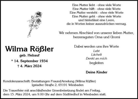 Traueranzeige von Wilhelmine Rößler von Wiesbadener Kurier