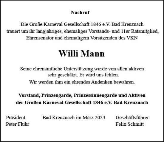 Traueranzeige von Willi Mann von Allgemeine Zeitung Bad Kreuznach