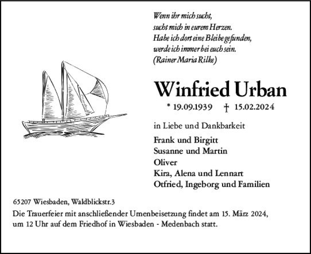  Traueranzeige für Winfried Urban vom 09.03.2024 aus Wiesbadener Kurier