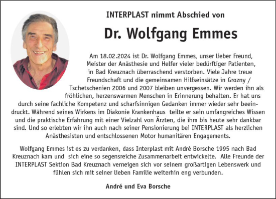 Traueranzeige von Wolfgang Emmes von Allgemeine Zeitung Bad Kreuznach