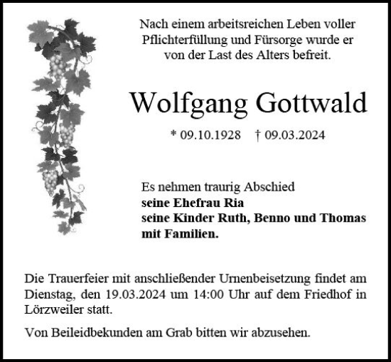 Traueranzeige von Wolfgang Gottwald von Allgemeine Zeitung Mainz