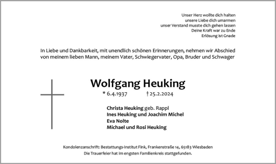 Traueranzeige von Wolfgang Heuking von Wiesbadener Kurier