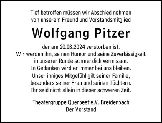 Traueranzeige von Wolfgang Pitzer von Hinterländer Anzeiger