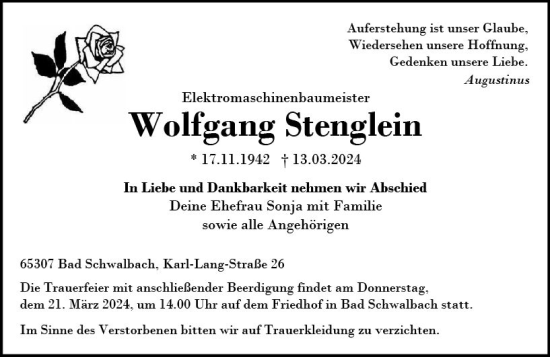 Traueranzeige von Wolfgang Stenglein von Wiesbadener Kurier
