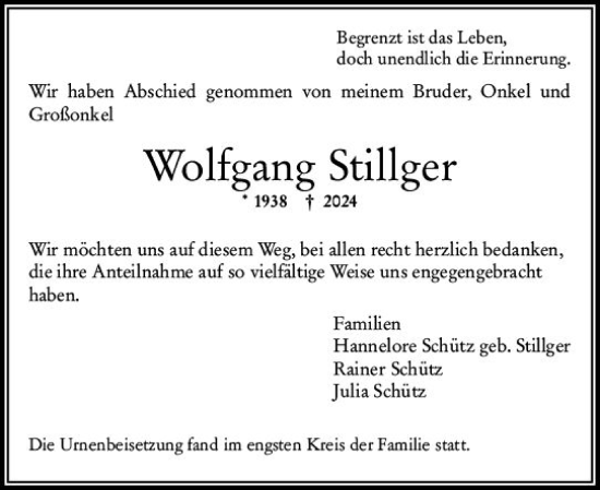 Traueranzeige von Wolfgang Stillger von Wiesbadener Kurier