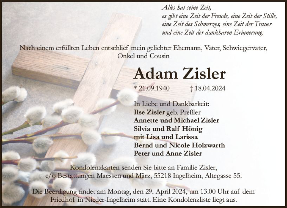  Traueranzeige für Adam Zisler vom 24.04.2024 aus Allgemeine Zeitung Bingen/Ingelheim
