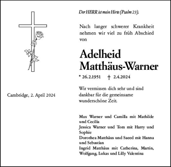 Traueranzeige von Adelheid Matthäus-Warner von Wetzlarer Neue Zeitung
