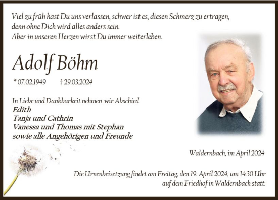 Traueranzeige von Adolf Böhm von Weilburger Tageblatt