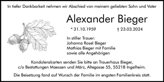 Traueranzeige von Alexander Bieger von Allgemeine Zeitung Bingen/Ingelheim