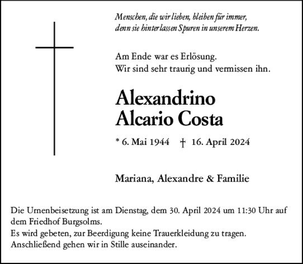  Traueranzeige für Alexandrino Alcario Costa vom 26.04.2024 aus Wetzlarer Neue Zeitung