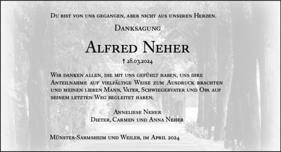 Traueranzeige von Alfred Neher von Allgemeine Zeitung Bingen/Ingelheim