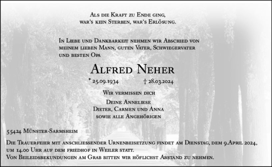 Traueranzeige von Alfred Neher von Allgemeine Zeitung Bingen/Ingelheim