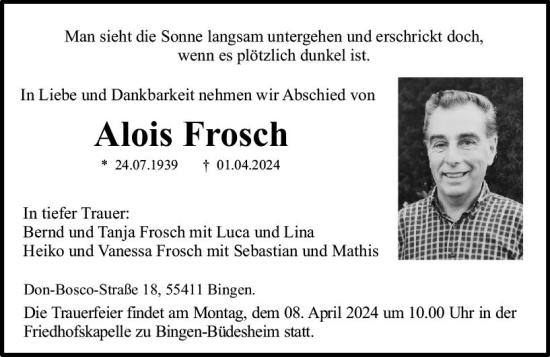 Traueranzeige von Alois Frosch von Allgemeine Zeitung Bingen/Ingelheim