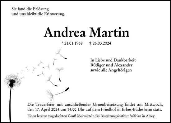 Traueranzeige von Andrea Martin von Allgemeine Zeitung Alzey