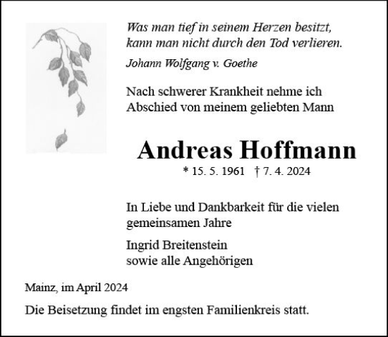 Traueranzeige von Andreas Hoffmann von Allgemeine Zeitung Mainz