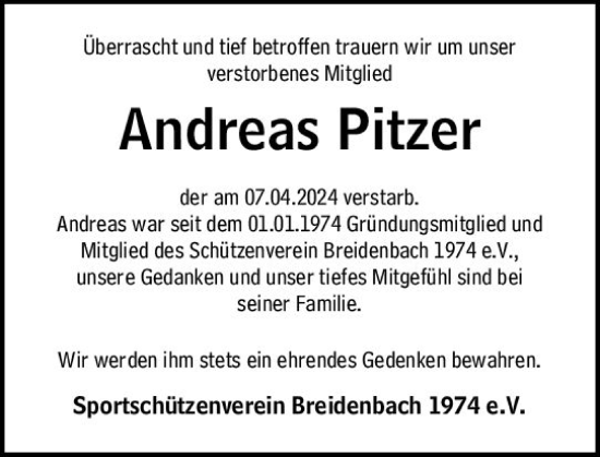Traueranzeige von Andreas Pitzer von Hinterländer Anzeiger