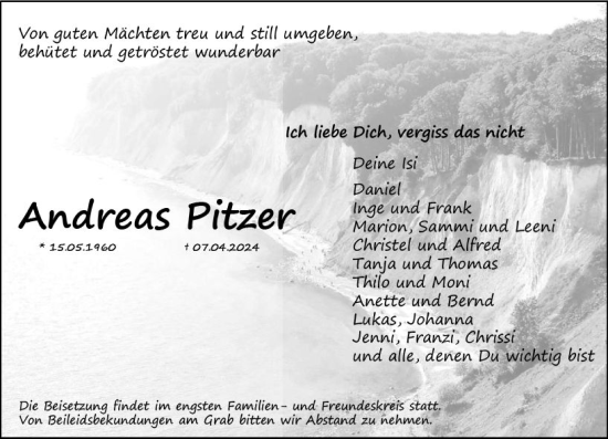 Traueranzeige von Andreas Pitzer von Hinterländer Anzeiger