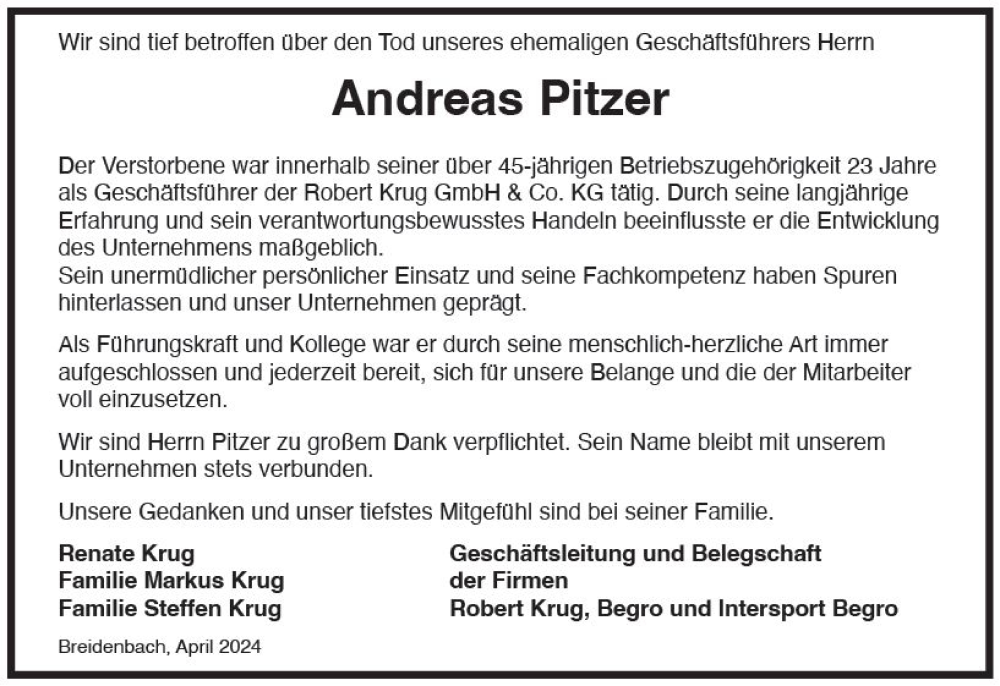  Traueranzeige für Andreas Pitzer vom 11.04.2024 aus Hinterländer Anzeiger