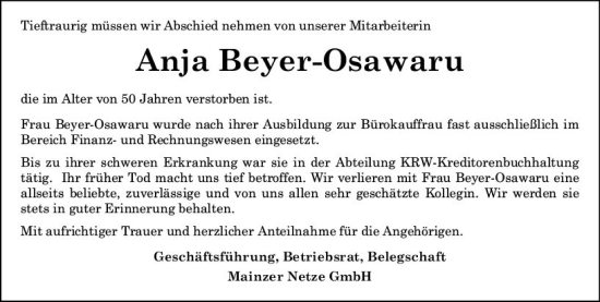 Traueranzeige von Anja Beyer-Osawaru von Allgemeine Zeitung Mainz