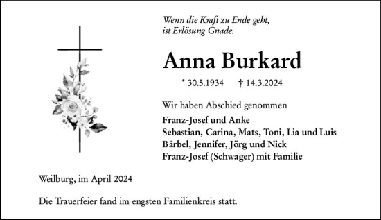 Traueranzeige von Anna Burkard von Weilburger Tageblatt