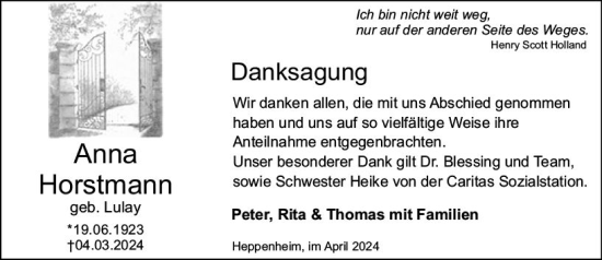 Traueranzeige von Anna Horstmann von Starkenburger Echo