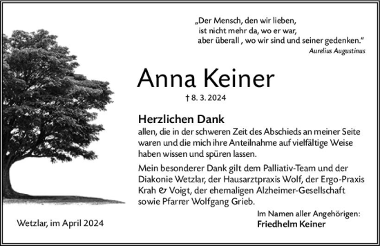 Traueranzeige von Anna Keiner von Wetzlarer Neue Zeitung