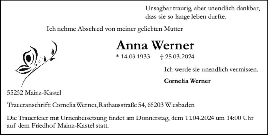 Traueranzeige von Anna Werner von Allgemeine Zeitung Mainz