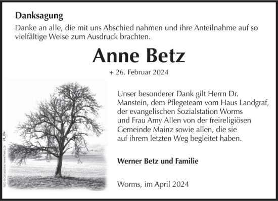 Traueranzeige von Anne Betz von Wormser Zeitung
