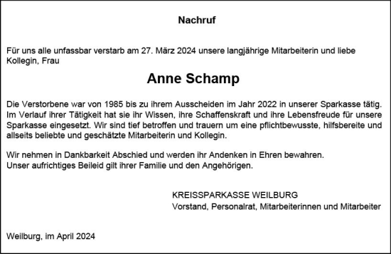 Traueranzeige von Anne Schamp von Weilburger Tageblatt