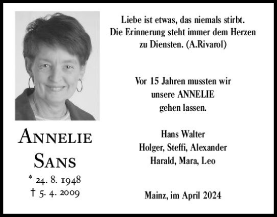 Traueranzeige von Annelie Sans von Allgemeine Zeitung Mainz