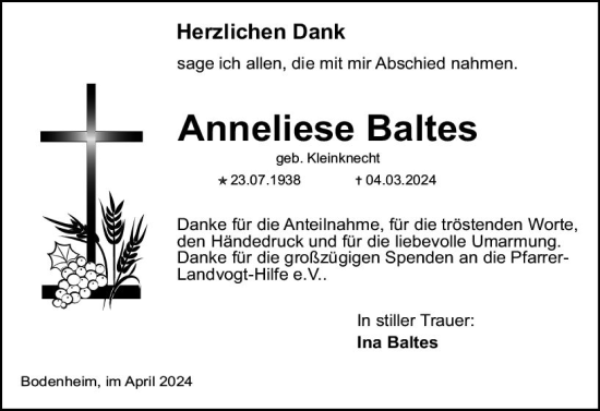 Traueranzeige von Anneliese Baltes von Allgemeine Zeitung Mainz