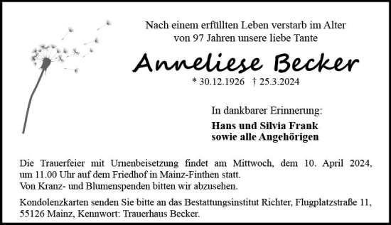 Traueranzeige von Anneliese Becker von Allgemeine Zeitung Mainz