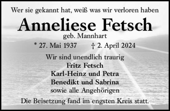 Traueranzeige von Anneliese Fetsch von Wiesbadener Kurier
