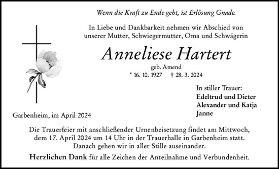 Traueranzeige von Anneliese Hartert von Wetzlarer Neue Zeitung