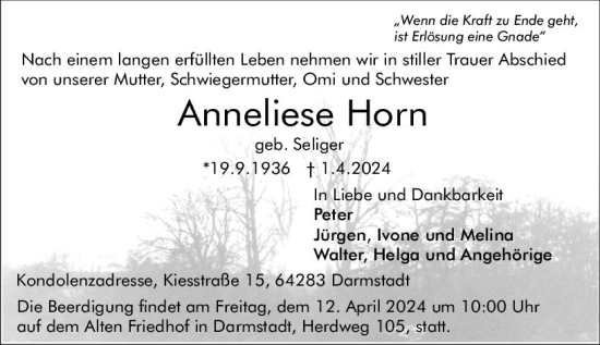 Traueranzeige von Anneliese Horn von Odenwälder Echo