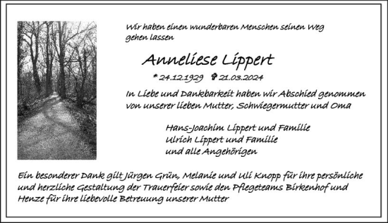 Traueranzeige von Anneliese Lippert von Darmstädter Echo