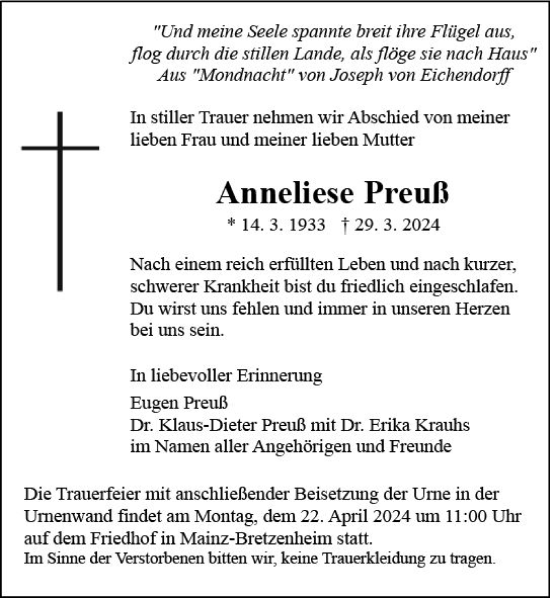 Traueranzeige von Anneliese Preuß von Allgemeine Zeitung Mainz