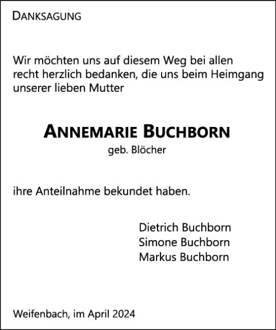Traueranzeige von Annemarie Buchborn von Hinterländer Anzeiger