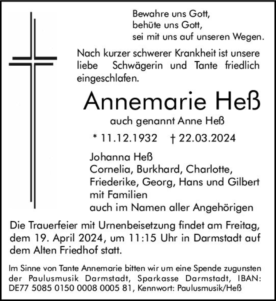  Traueranzeige für Annemarie Heß vom 13.04.2024 aus Darmstädter Echo