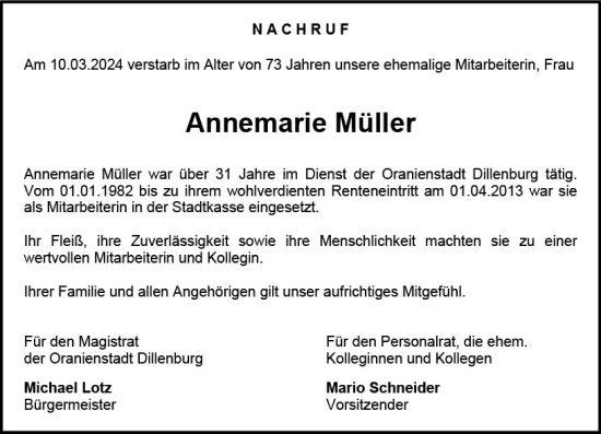 Traueranzeige von Annemarie Müller von Dill Block